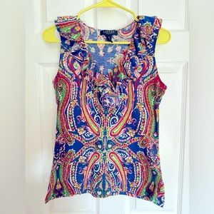 EUC Lauren by Ralph Lauren Ruffle Tank Royal Blue Paisley SP